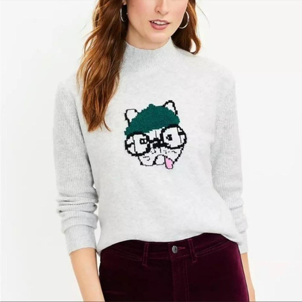 LOFT Cat Graphic Mock Neck Sweater Womens Large Gray Ribbed Sleeve Pullover
